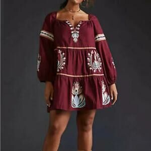 NWT Let Me Be x Anthropologie Embroidered Tunic Dress Raspberry Brick Red Sz XL